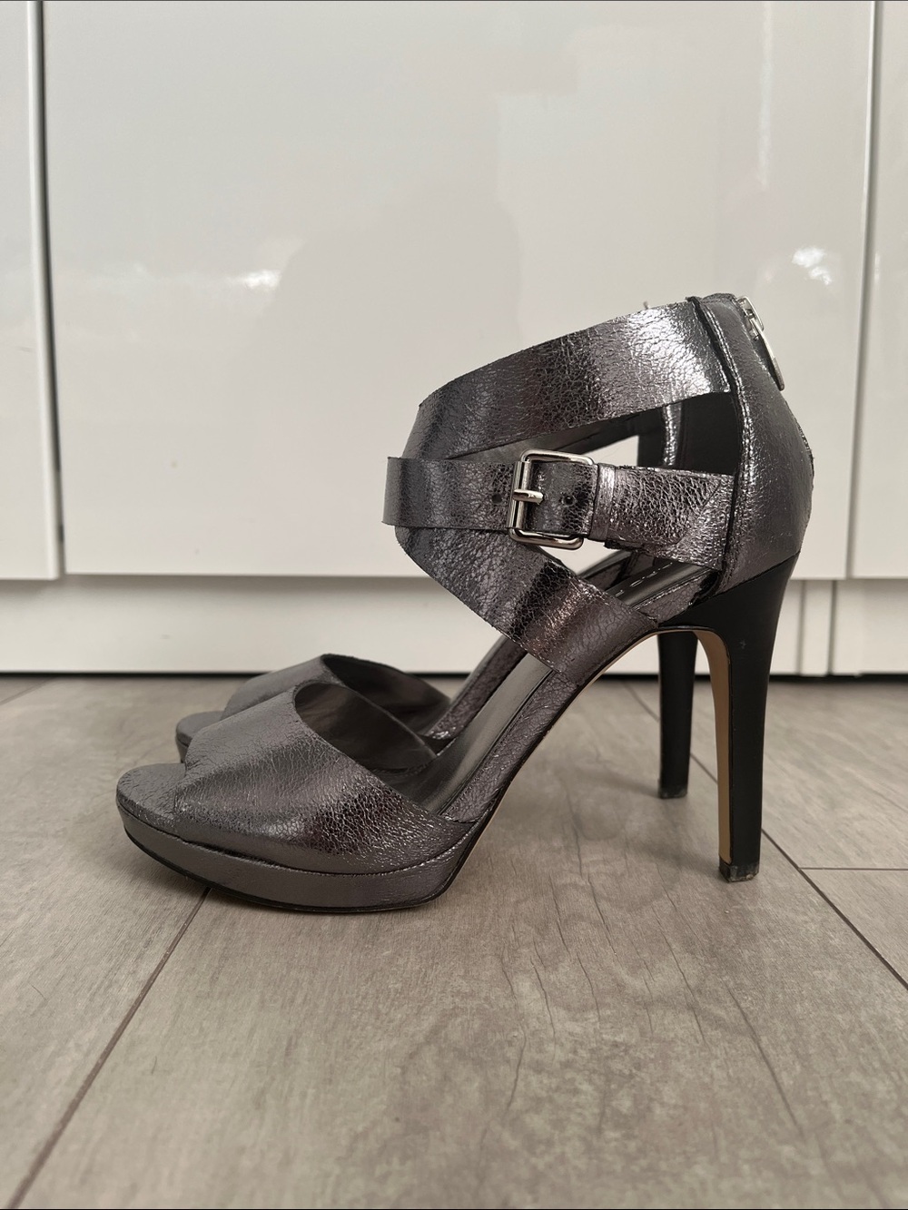 Marc Fisher Metallic Gunmetal Marnia Crossband Dressy Heels, Size 8